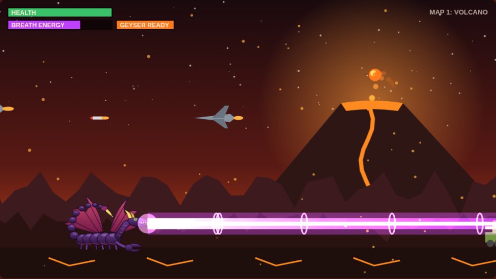 Scorchion, a purple half-dragon half-scorpion monster, blasting a beam across a volcano while jets fly overhead