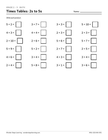 Times tables worksheet, 2s to 5s