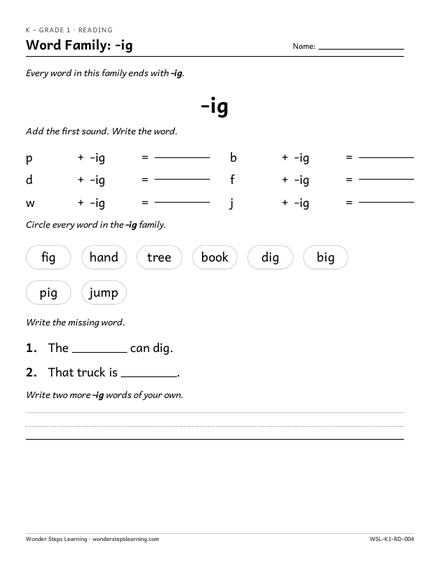 Word family worksheet for the -ig family